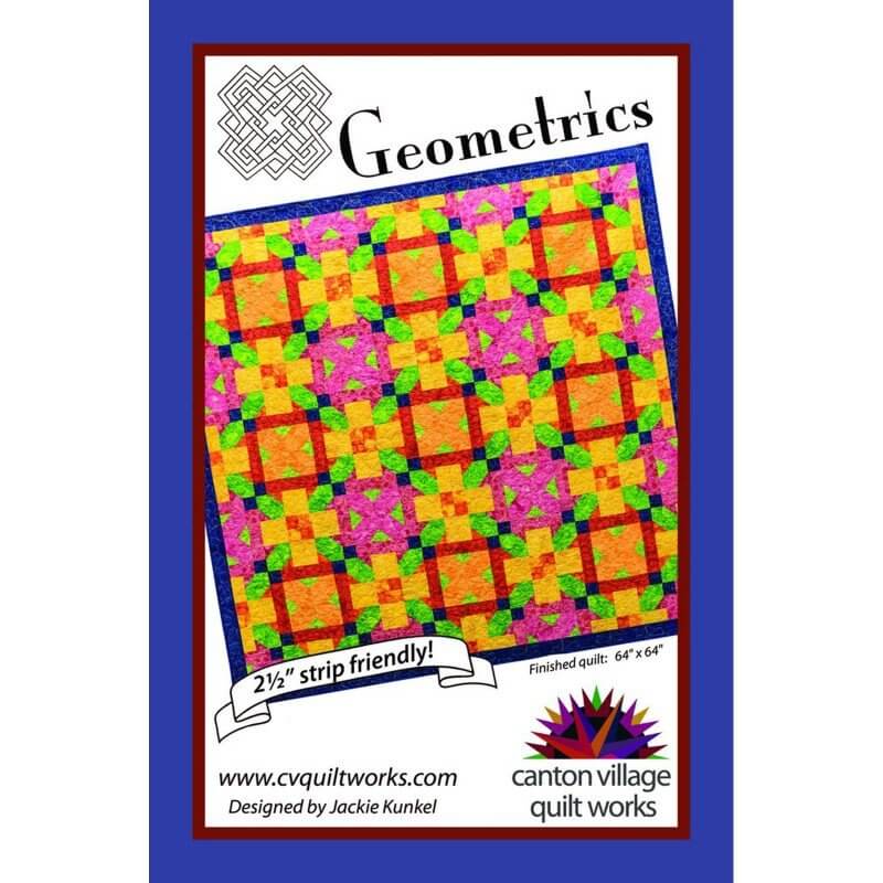 Geometrics quilt pattern by Canton Village Quilt Works, showing a colorful neon quilt example