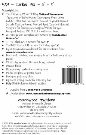 Back of the Turkey Day Pattern by Cottonwood Creations