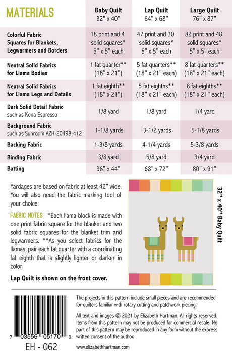 Back of the Little Llamas Quilt Pattern by Elizabeth Hartman