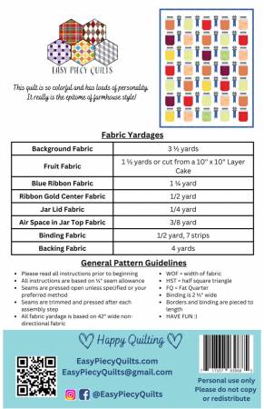 Back of the Blue Ribbon Preserves Quilt Pattern by Easy Piecy Quilts LLC