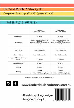 Back of the Magenta Star Quilt Pattern by Free Bird Quilting Designs