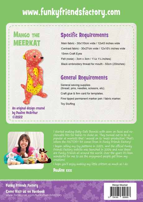 Back of the Mango the Meerkat Pattern by Funky Friends Factory