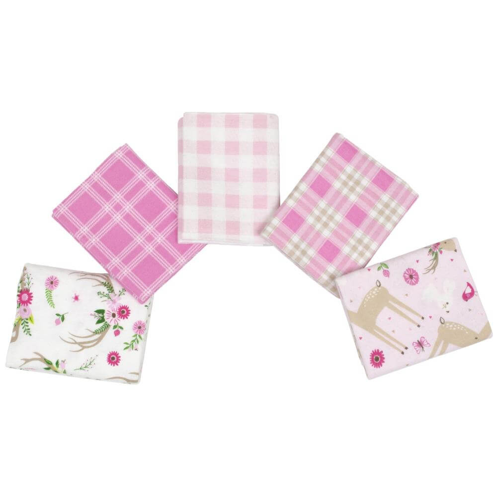 Five fabrics for the Wild & Free fat quarter bundle. First is white with floral antler designs, second pink striped with white plat, third is pale pink and white check, fourth is pink, tan and white plaid, fifth has tan deer and pink flowers on a pale pink background