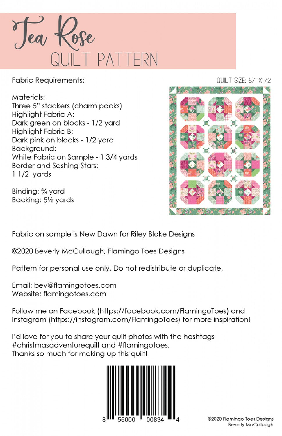 Back of the Tea Rose Quilt Pattern by Flamingo Toes