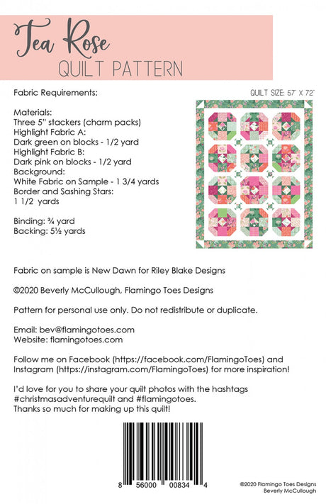 Back of the Tea Rose Quilt Pattern by Flamingo Toes