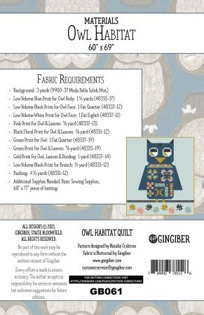 Back of the Owl Habitat Quilt Pattern by Gingiber