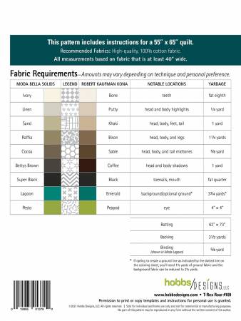 Back of the T-Rex Roar Quilt Pattern by Hobbs Designs