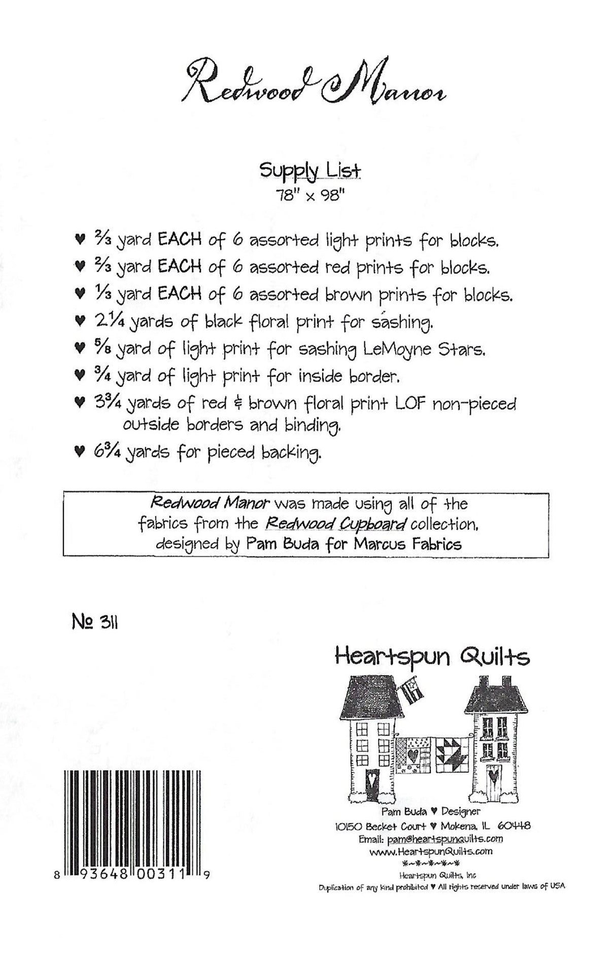 Back of the Redwood Manor Quilt Pattern by Heartspun Quilts