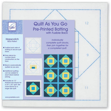 Quilt As You Go Pre-Printed Batting with Fusible Back, in "Hopscotch" pattern with dark blue squares containing a aqua blue square containing yellow square containing medium blue square. Front of packaging shown