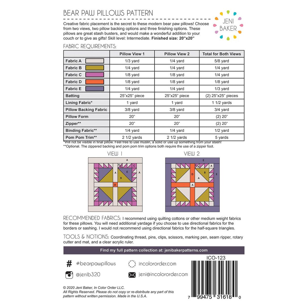 Back of the Bear Paw Pillows Pattern by Jeni Baker