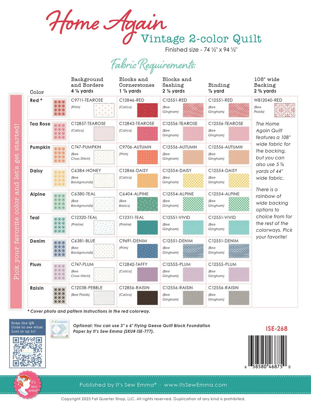 Back of the Home Again Quilt Pattern by Its Sew Emma