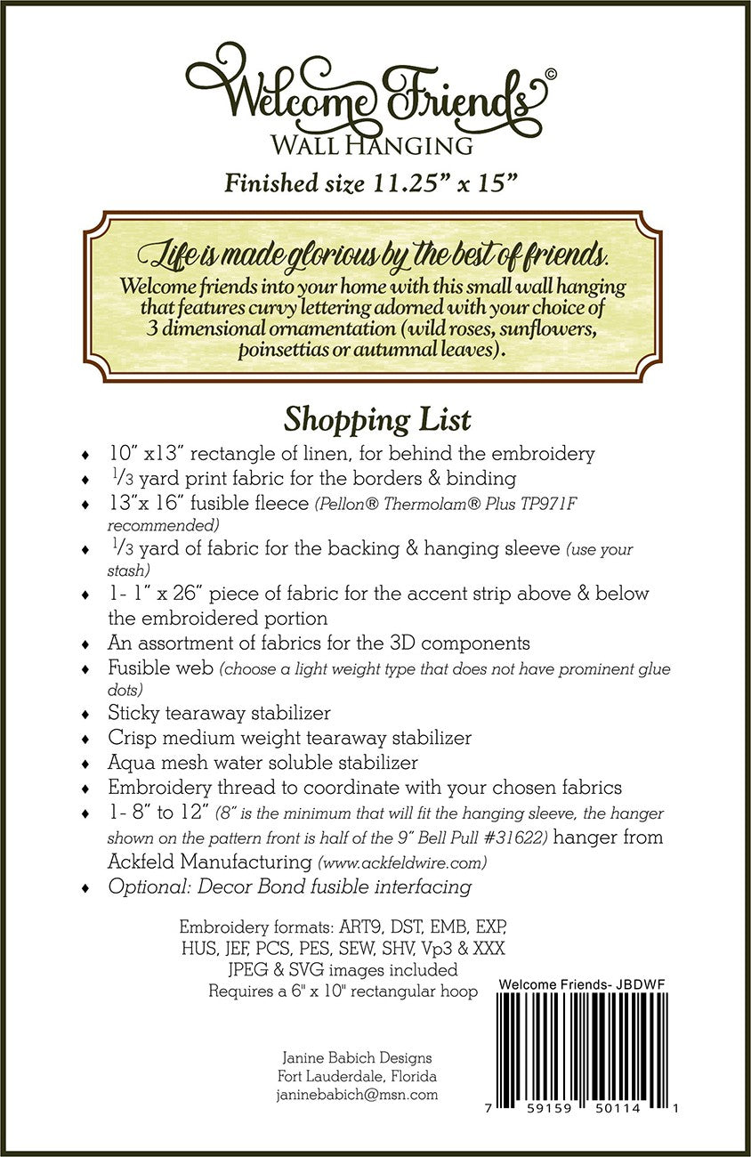 Back of the Welcome Friends Wall Hanging Quilt Pattern by Janine Babich Designs