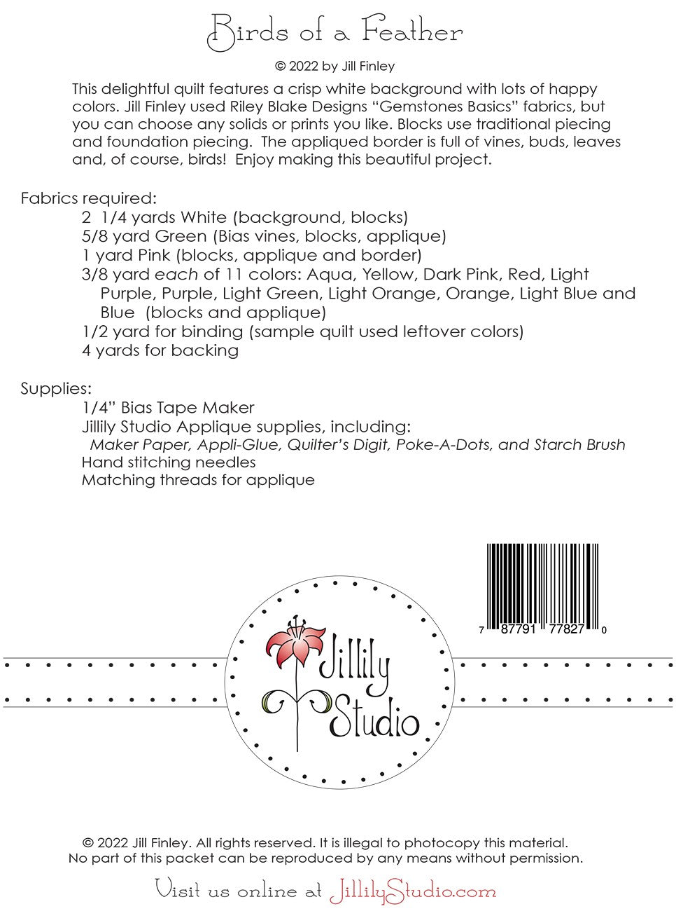 Back of the Birds of a Feather Quilt Pattern by Jillily Studio