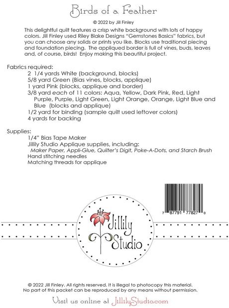 Back of the Birds of a Feather Quilt Pattern by Jillily Studio