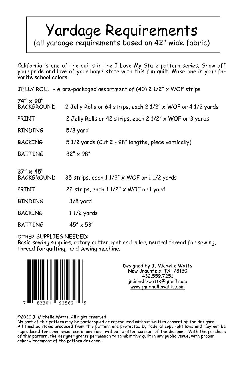 Back of the I Love California Quilt Pattern by J Michelle Watts Designs