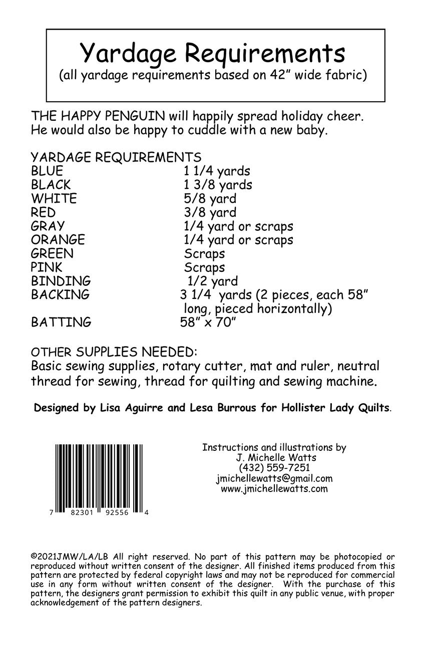 Back of the The Happy Penguin Quilt Pattern by J Michelle Watts Designs