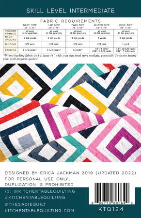 Back of the The Sadie Quilt Pattern by Kitchen Table Quilting