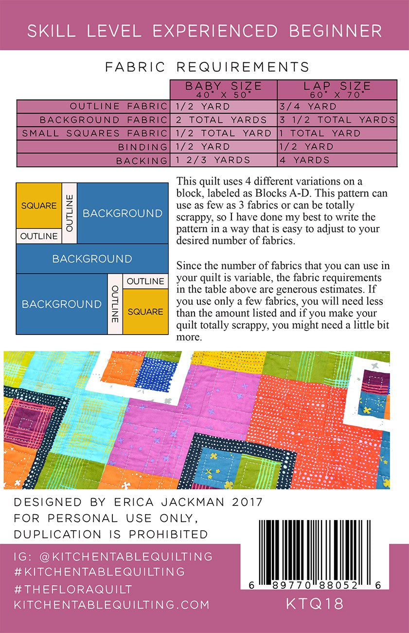 Back of the The Flora Quilt Pattern by Kitchen Table Quilting