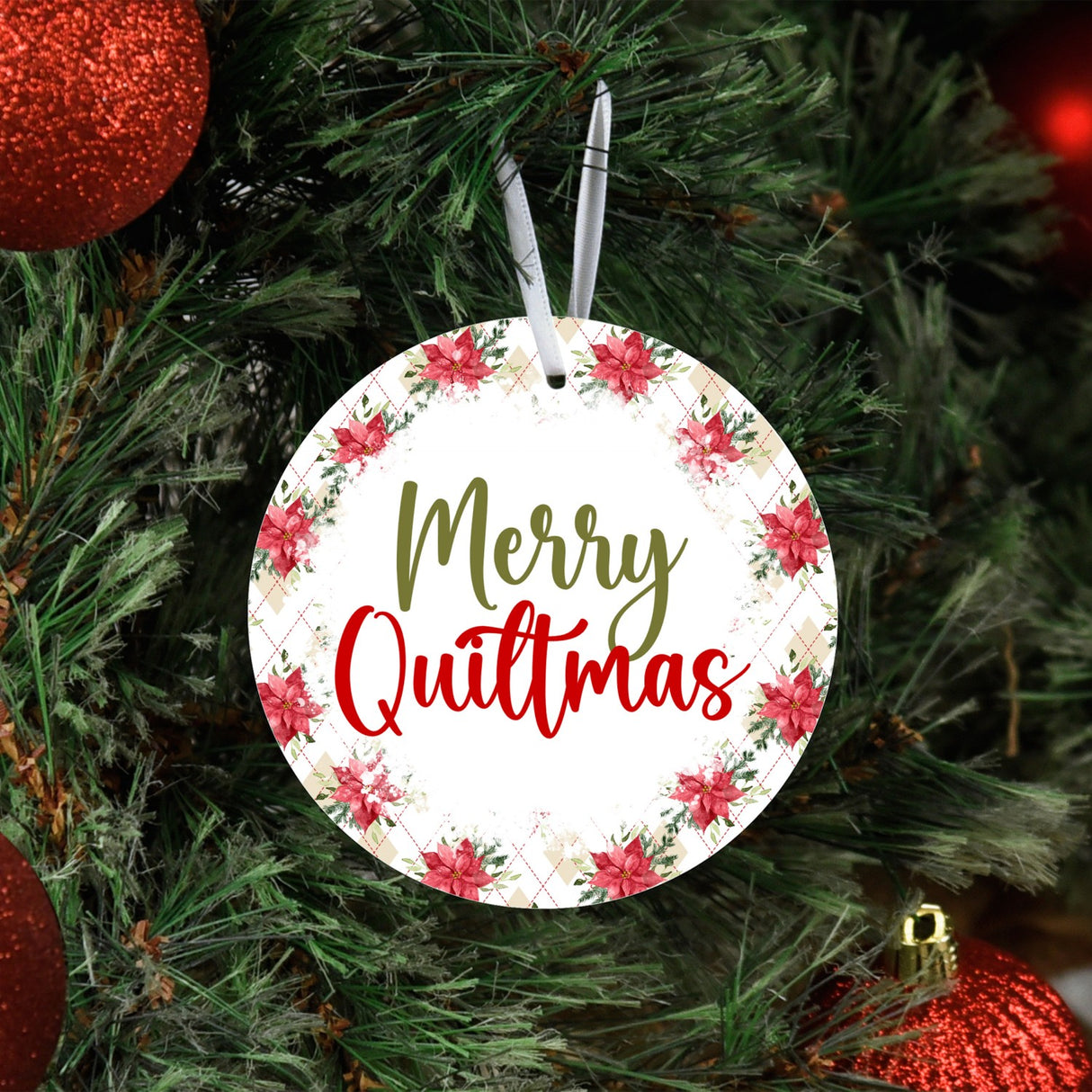 Merry Christmas Poinsettia Metal Ornament by Lake & Laser