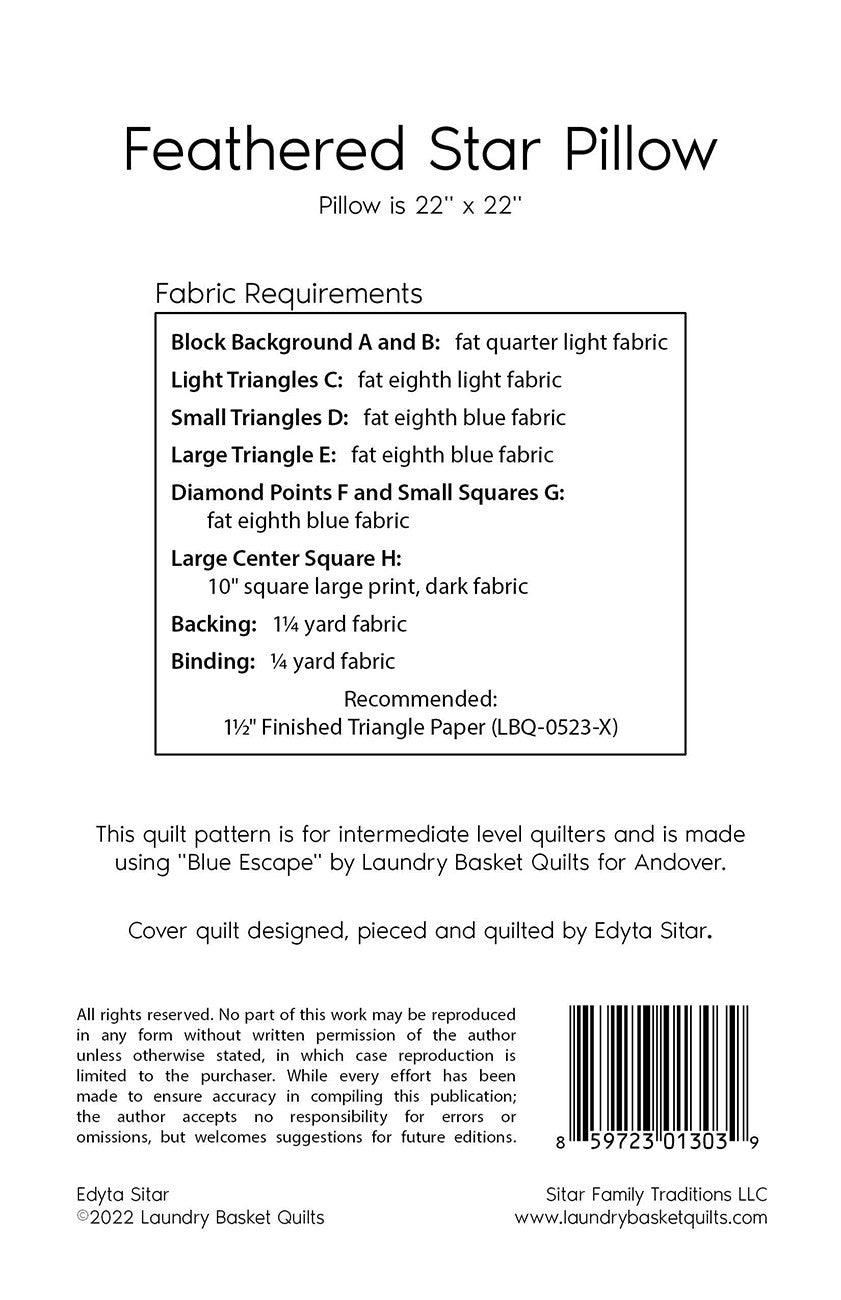Back of the Feathered Star Pillow Pattern by Laundry Basket Quilts