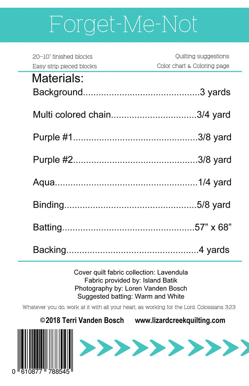 Back of the Forget-Me-Not Quilt Pattern by Lizard Creek Quilting