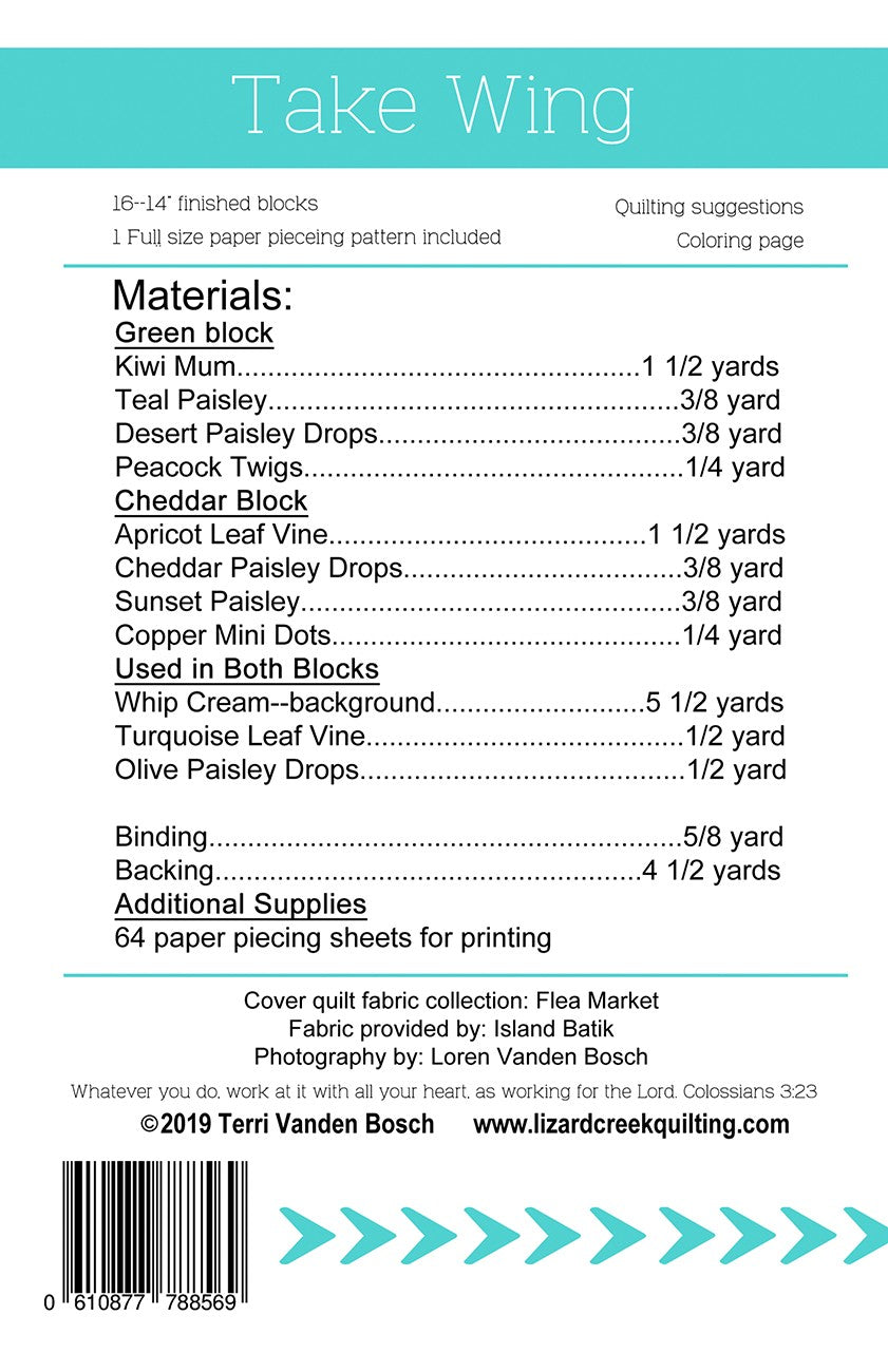 Back of the Take Wing Quilt Pattern by Lizard Creek Quilting