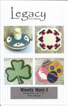 Wooly Mats I Quilt Pattern by Legacy Patterns. Includes Winter Snowman, Valentine Hearts, St Patrick's Shamrock, Spring Easter eggs and bunny.