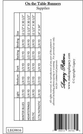 Back of the On the Table Runners Quilt Pattern by Legacy Patterns