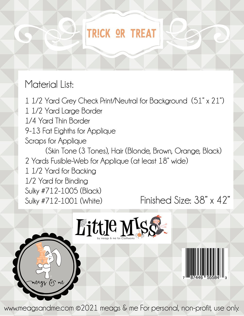 Back of the Trick or Treat Quilt Pattern by Meags and Me