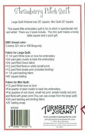 Back of the Strawberry Patch Quilt Hand Embroidery by Turnberry Lane Patterns
