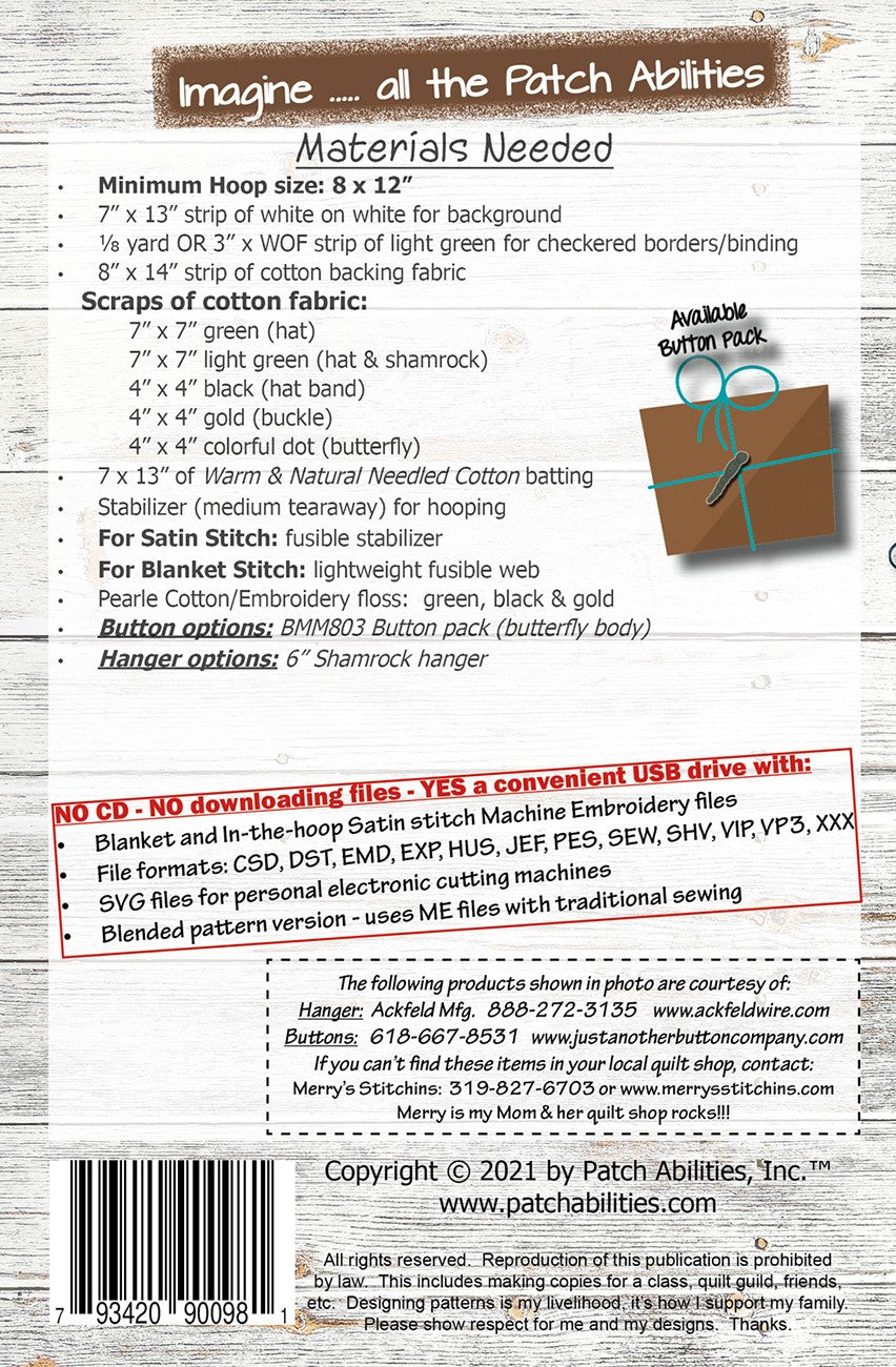 Back of the Lucky Hat Pattern Machine Embroidery Version by Patch Abilities