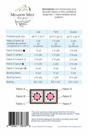 Back of the Gemstone Quilt Pattern by Meadow Mist Designs