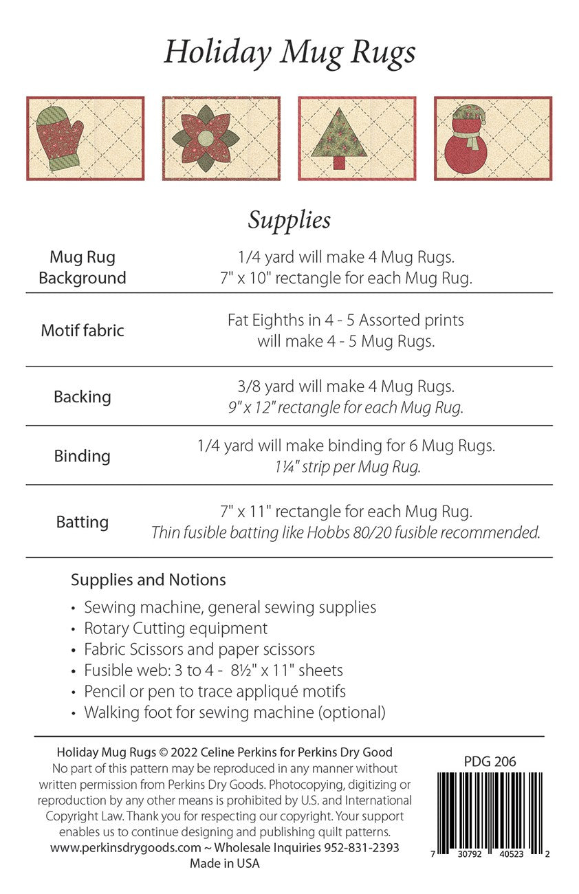 Back of the Holiday Mug Rugs Pattern by Perkins Dry Goods