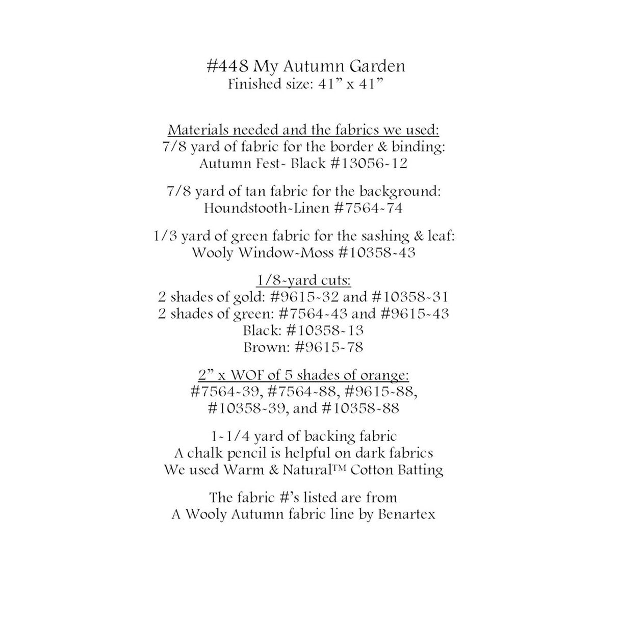 Back of the My Autumn Garden Quilt Pattern by Prairie Grove Peddler