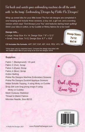 Back of the Owl Always Love You Bibs In the Hoop Machine Embroidery Design CD by Pickle Pie Designs