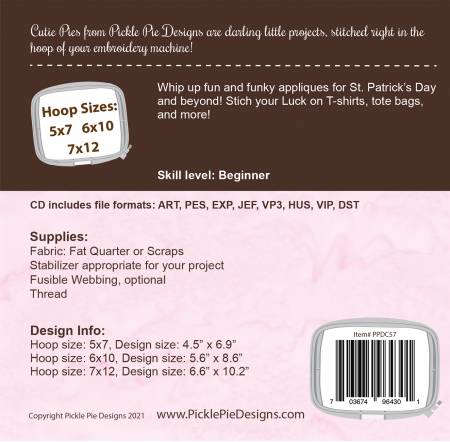 Back of the Lucky Applique Machine Embroidery Design CD by Pickle Pie Designs