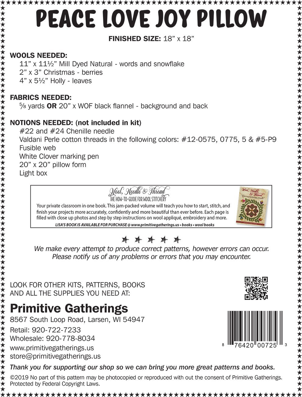 Back of the Peace, Love, Joy Pillow Pattern by Primitive Gatherings