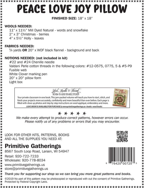 Back of the Peace, Love, Joy Pillow Pattern by Primitive Gatherings