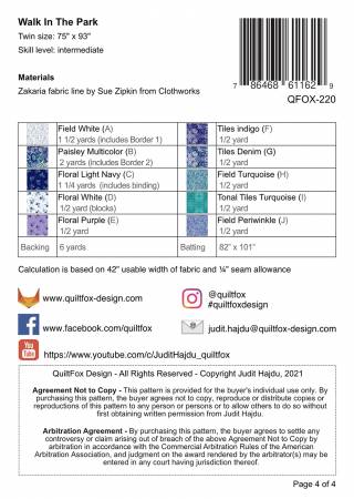 Back of the Walk In The Park Quilt Pattern by Quiet Fox