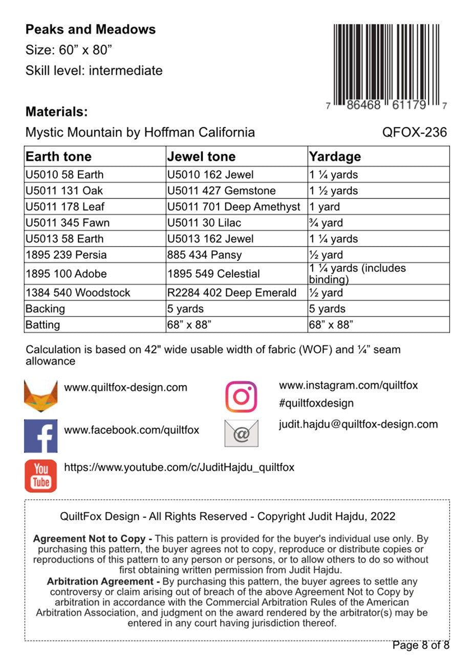 Back of the Peaks And Meadows Quilt Pattern by QuiltFox