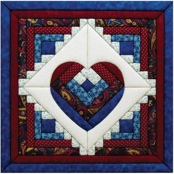 No Sew Quilted Wall Hanging for Log Cabin Heart design in blue, red, and white fabrics