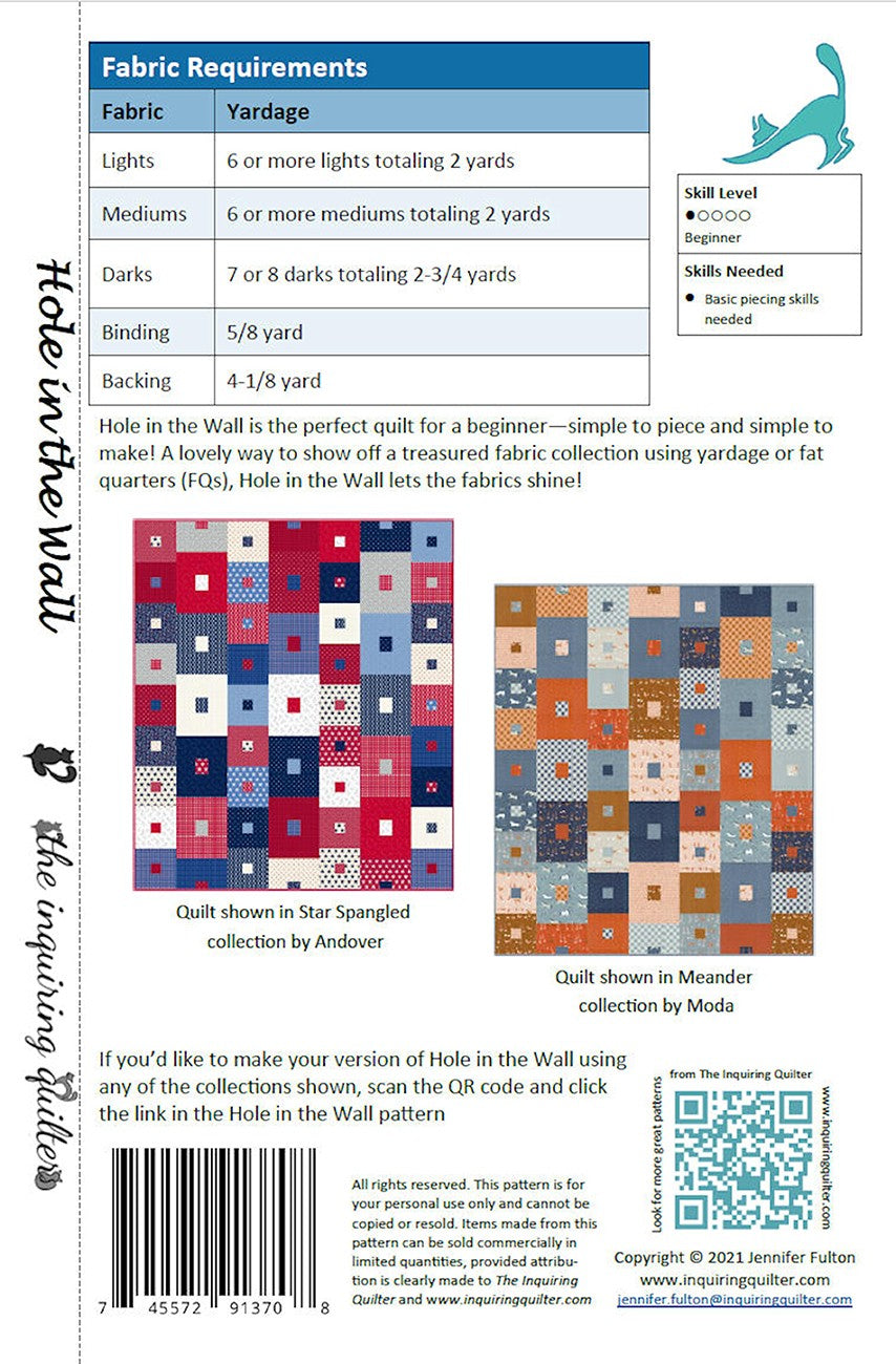 Back of the Hole in the Wall Quilt Pattern by Inquiring Quilters