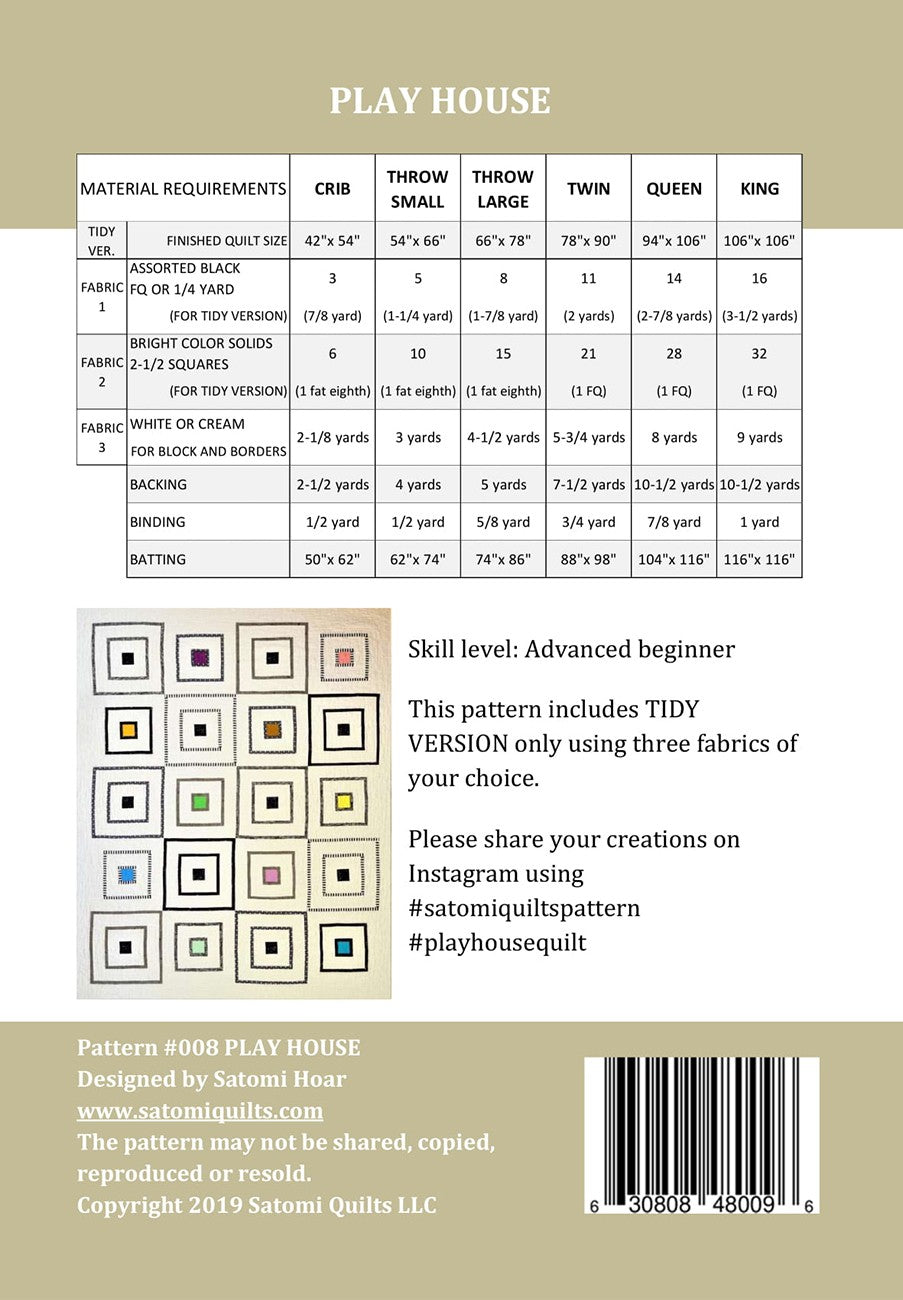 Back of the Play House Quilt Pattern by Satomi Quilts LLC