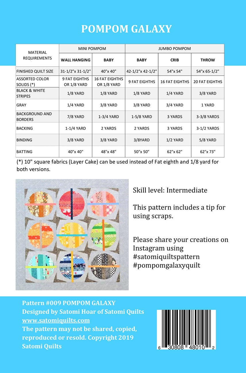 Back of the PomPom Galaxy Quilt Pattern by Satomi Quilts LLC