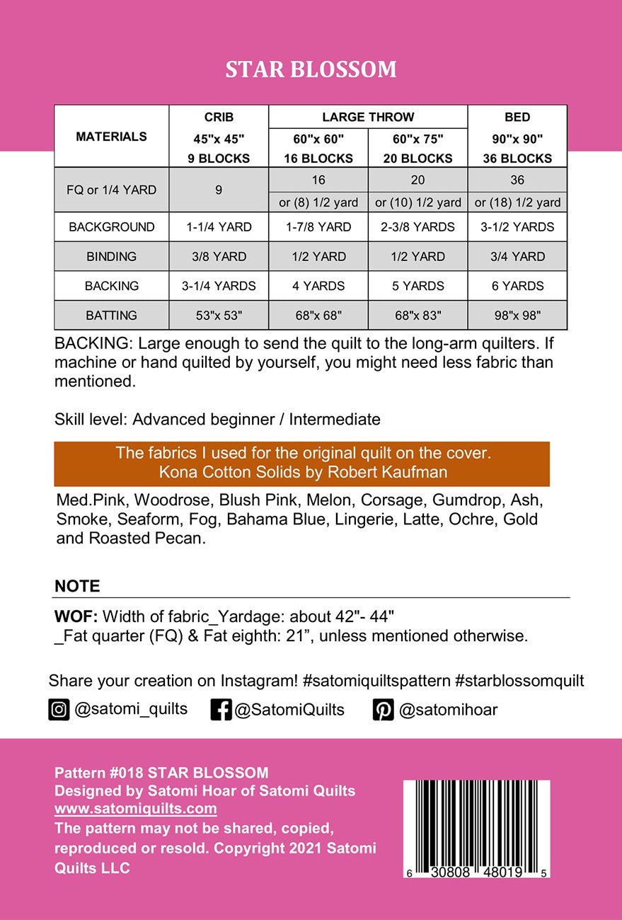 Back of the Star Blossom Quilt Pattern by Satomi Quilts LLC