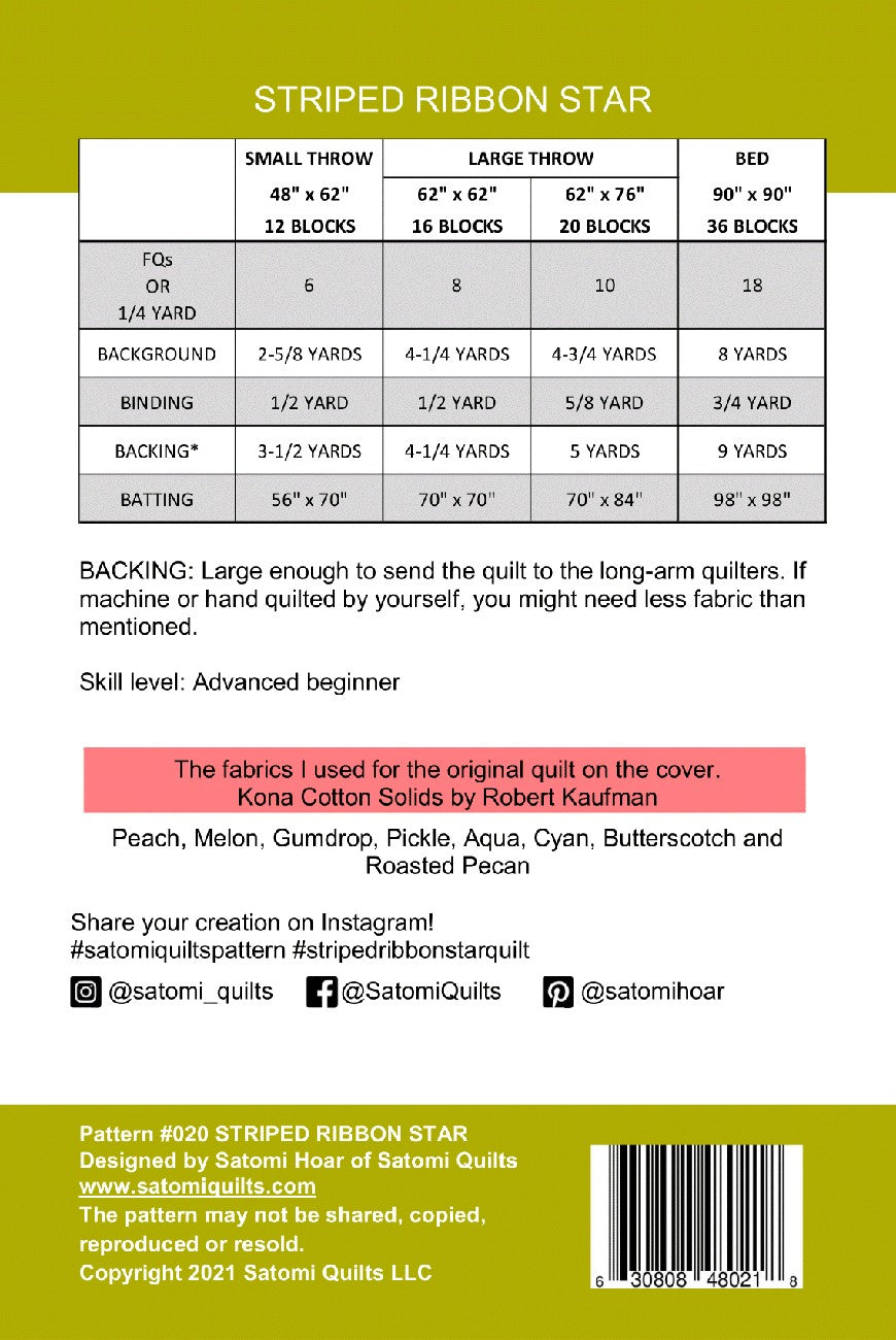Back of the Striped Ribbon Star Quilt Pattern by Satomi Quilts LLC