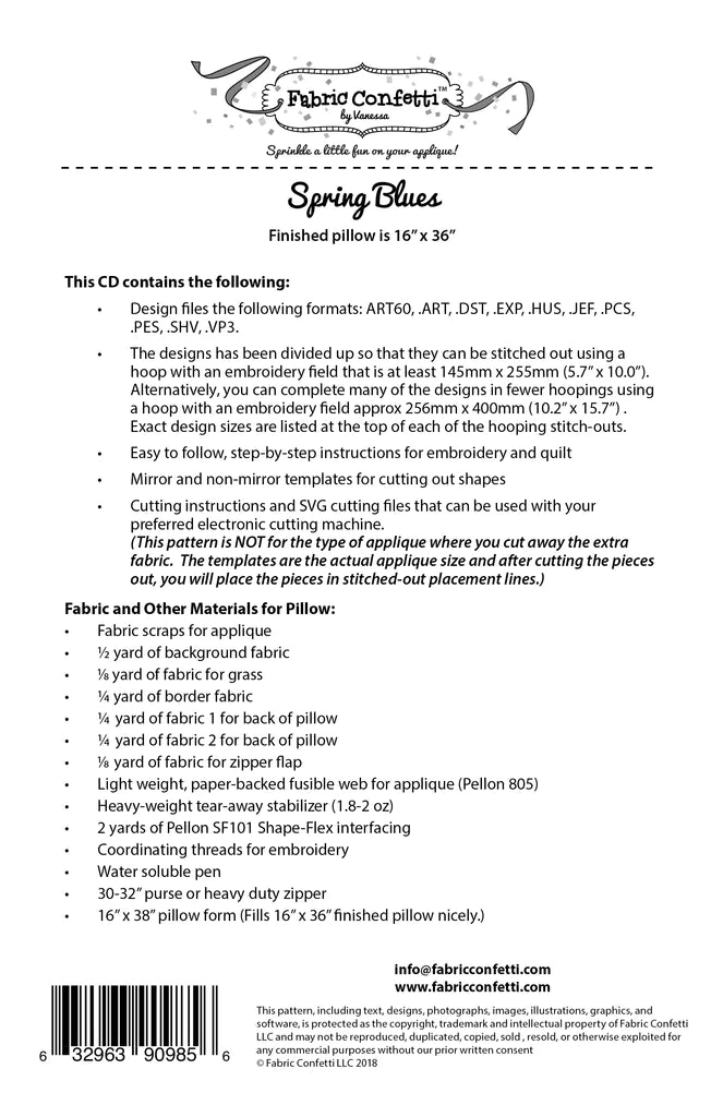 Spring Blues for Machine Embroidery Downloadable Pattern by Fabric Confetti