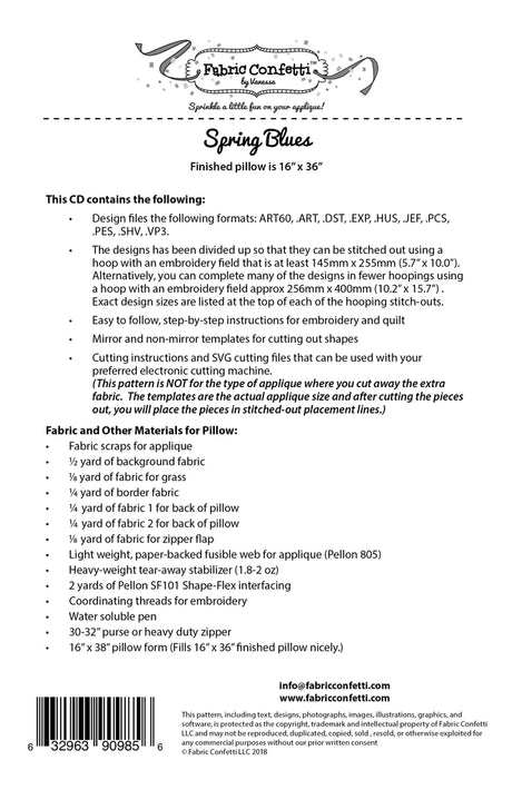 Spring Blues for Machine Embroidery Downloadable Pattern by Fabric Confetti