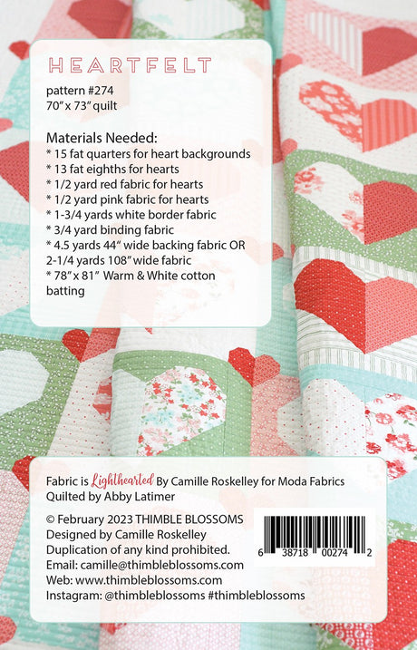 Back of the Heartfelt Quilt Pattern by Thimble Blossoms