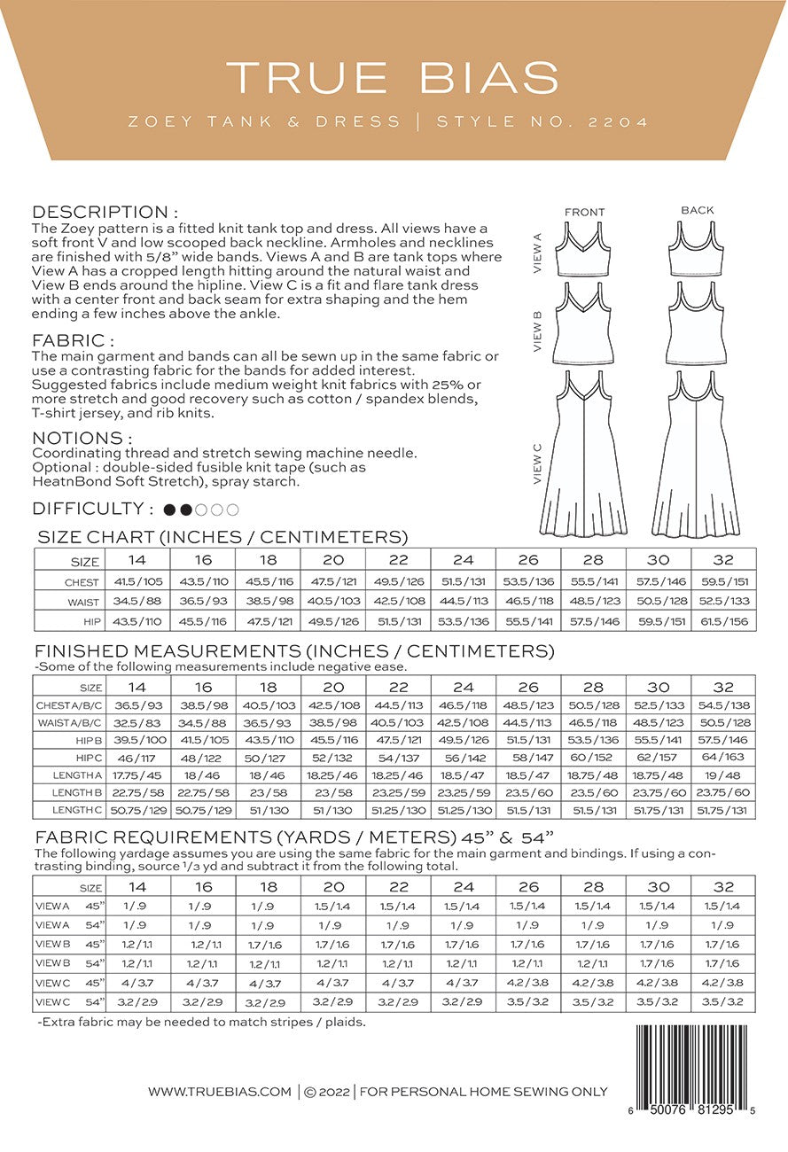 Back of the Zoey 14-32 Pattern by TrueBias Patterns
